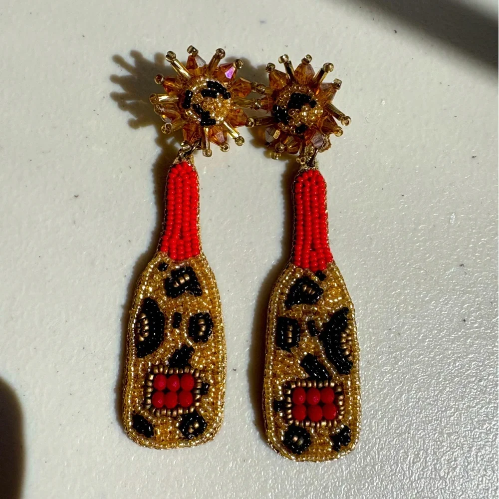 James Ascher Leopard Print Beaded Statement Earrings | Red & Gold | Glamorous - Picture 2 of 7